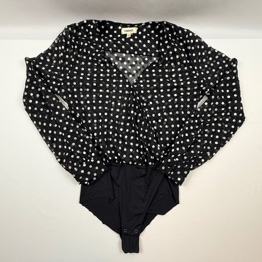 L'AGENCE Womens Black White Polka Dot Sheer Wrap Front Bodysuit Size S